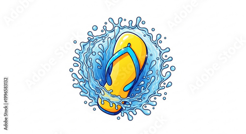 Vibrant yellow flip flop with blue straps splashing in water summer fun and leisure concept