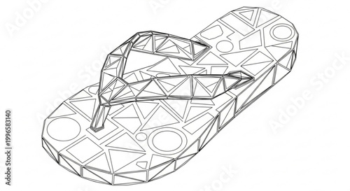 Detailed 3d wireframe illustration of a flip flop with geometric patterns on a white background