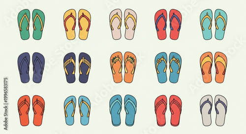 Colorful flip flops collection in various styles and hues on light background for summer