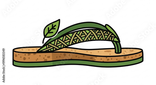 Green flip flop sandal with leaf design and brown speckled sole on white background