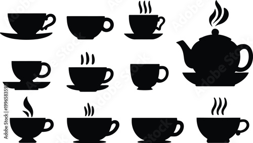 Vector Teacup Icon Set Design for Vintage Tea Time Illustration, Cafe Branding, and Elegant Kitchen Lifestyle Projects