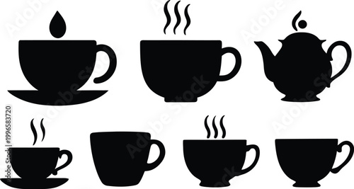 Vector Teacup Icon Set Design for Vintage Tea Time Illustration, Cafe Branding, and Elegant Kitchen Lifestyle Projects