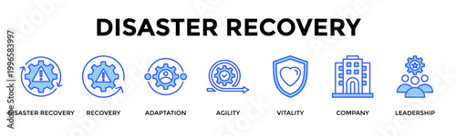 Disaster Recovery  Banner Web  Icon Set Collection Pack Vector Illustration Concept Containing Disaster Recovery, Recovery, Adaptation, Agility, Vitality, Company, Leadership