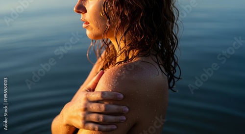 Woman with wet hair in water at sunset, close-up portrait, golden hour light