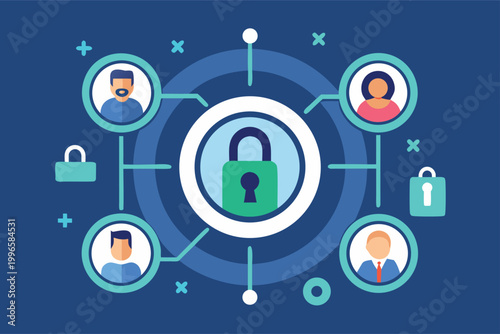 A graphic illustration of a secure network with a central padlock and connected user profiles