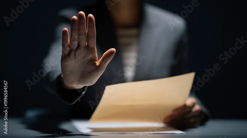 Fototapeta Businessperson making a stop gesture while holding documents in a dark office setting, symbolizing rejection, ethics, boundaries, and professional integrity.