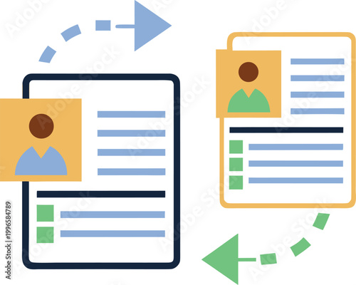 A graphic illustration of two resumes with icons and arrows exchanging information