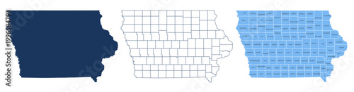 Fotografia Iowa Counties Map with Labels – State Silhouette and County Boundaries Vector