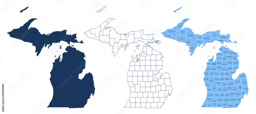 Obraz premium Michigan Counties Map with Labels – State Silhouette and County Boundaries Vector