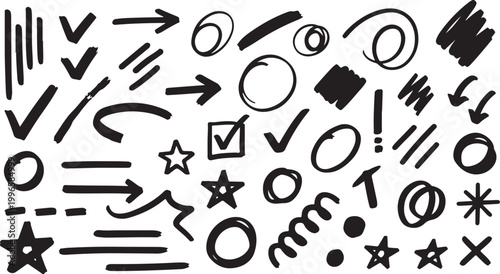 Hand drawn doodle shapes arrows and markers set isolated on transparent background, Vector