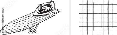 Electric iron on ironing board and grid pattern vector illustration isolated on white background