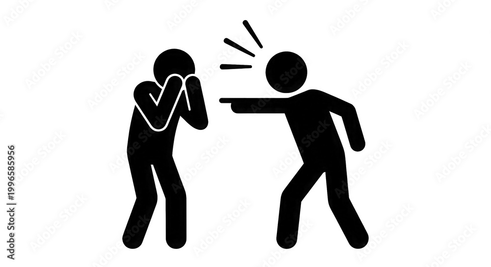 Fototapeta premium Aggressive person pointing and yelling at crying person silhouette icon