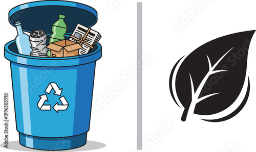 Blue recycling bin full of plastic glass and paper waste with leaf icon vector illustration isolated on white background