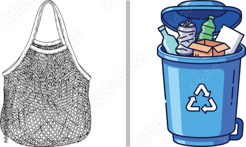 Reusable mesh shopping bag and blue recycling bin with waste illustration isolated on white background