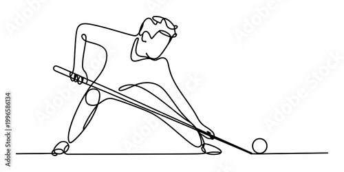Continuous one line drawing of a person playing billiards or pool with a cue stick and ball Vector, illustration