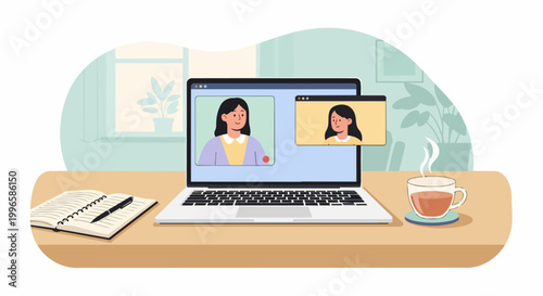 Online meeting illustration laptop displaying video conference at workspace