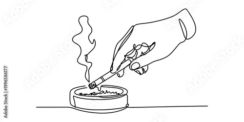 Continuous line drawing of a human hand holding a burning cigarette over an ashtray with smoke rising up Vector, illustration
