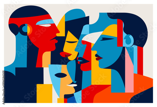 Abstract Cubist Portrait of Diverse People Profiles, Geometric Human Faces Illustration for Modern Poster Design
