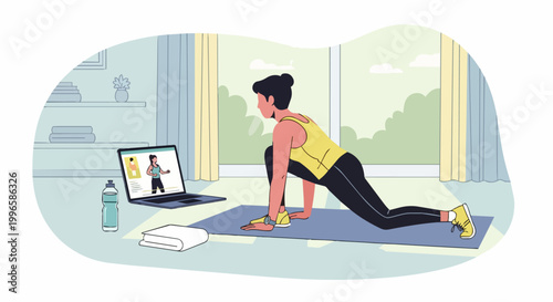Woman exercising at home with online fitness program