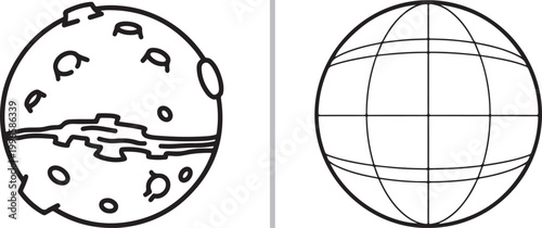 Set of moon with craters and globe with grid line art icons isolated on white background vector illustration