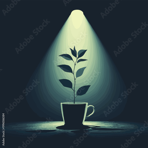 A minimalist plant emerging from a cup, illuminated by an ethereal light, symbolizing growth and potential.