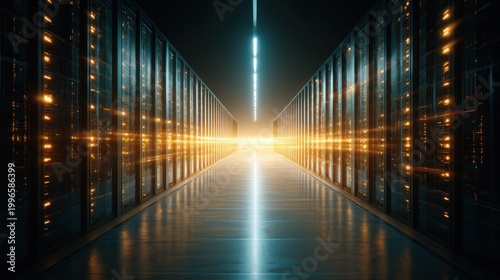 Long corridor lined with server racks illuminated by intense orange and blue lights extends into a bright vanishing point