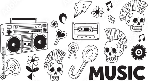 Punk rock music doodles with skulls and boombox isolated on transparent background, Vector