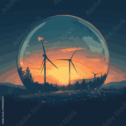 A stunning sunset over wind turbines encased in a glass dome, symbolizing renewable energy and environmental preservation.
