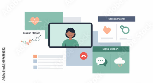 Woman engaged in digital communication represented by graphic elements