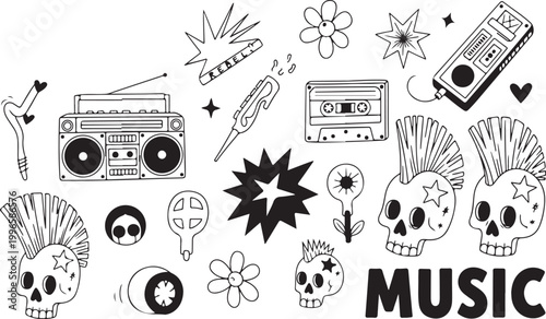 Punk rock music doodle set with skulls and cassette tapes isolated on transparent background, Vector