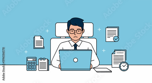 Businessman working on a laptop surrounded by paperwork
