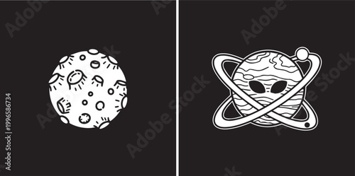 Hand drawn space icons featuring a cratered moon and an alien planet with rings isolated on black background illustration