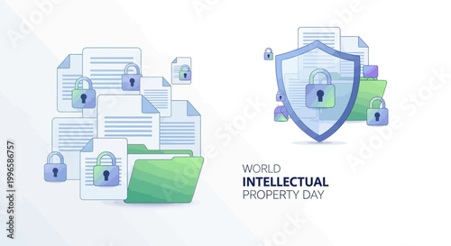 Vector illustration showcasing the concept of intellectual property protection, featuring files secured with padlocks and a shield, set against a clean white background to promote
