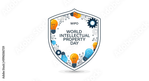 Conceptual illustration of a shield with lightbulbs and gears symbolizing innovation, representing the World Intellectual Property Day, set against a clean white backdrop for a modern