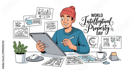 Smiling artist in a red beanie, digitally drawing patent innovation concepts with a stylus on a tablet, surrounded by sketches and coffee in a bright, minimalist studio promoting