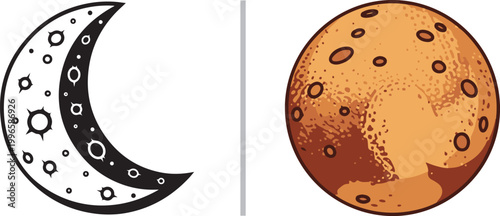 Crescent moon and full cratered planet vector illustrations isolated on white background
