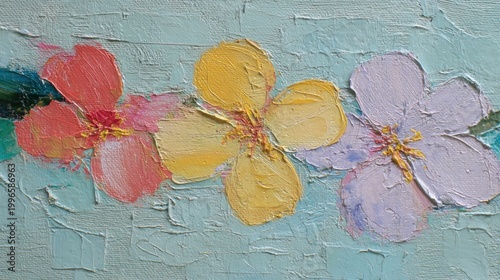 Impasto painting depicts row of colorful blossoms against textured pale blue background