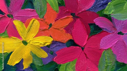 Vibrant, thickly applied oil paint depicts a bouquet of colorful blossoms with visible texture.
