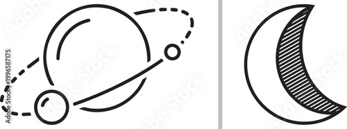 Set of minimalist planet with orbit and crescent moon line art icons isolated on white background