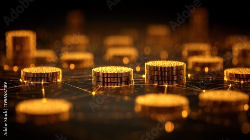 Numerous stacks of glowing golden currency discs are connected by illuminated digital pathways on a dark surface.