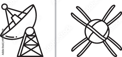 Satellite dish and space satellite line art icons isolated on white background vector illustration