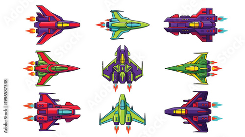 Set of Colorful Retro Spaceship Vector Icons for Arcade Game Assets and Science Fiction Graphic Design