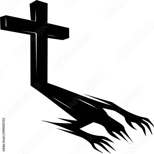 Cross : Black silhouette of a cross symbol of Christian faith and spirituality representing religion belief and holy resurrection in simple vector style against the sky