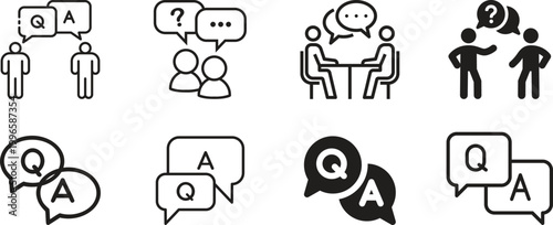 Question answer icon set collection group, FAQ help support symbol, ask reply communication sign, information dialog chat bubble flat line glyph outline vector isolated on white background.