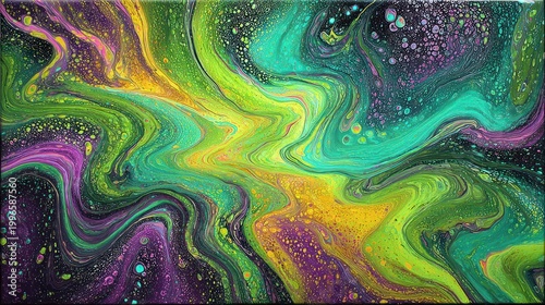 Fluid acrylic painting displays vibrant swirls of neon green, yellow, purple, and cyan against a dark background.