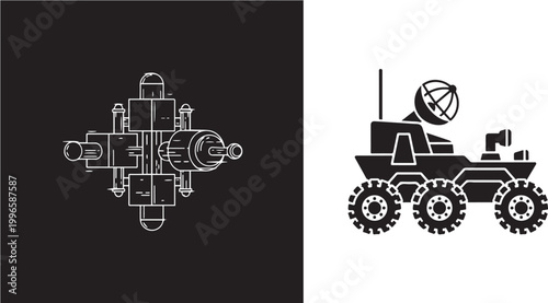 Set of minimalist space exploration icons with satellite and lunar rover vector illustration isolated on white background