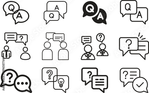 Question answer icon set collection group, FAQ help support symbol, ask reply communication sign, information dialog chat bubble flat line glyph outline vector isolated on white background.