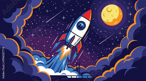 Rocket ship launching into outer space towards the moon with clouds and stars cartoon illustration for business startup and growth concept