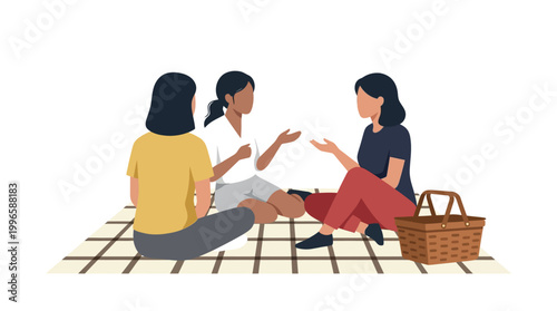 Three Diverse Young Women Enjoying a Picnic and Talking on a Blanket Outdoor Leisure Lifestyle Vector Illustration