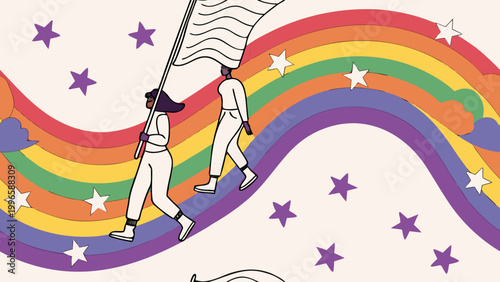 LGBTQ pride, rainbow flag, people walking, colorful illustration, vector graphic